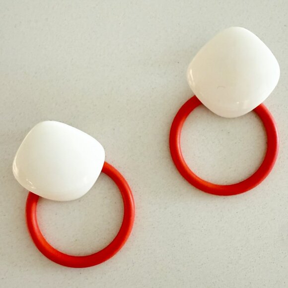 MOD Orange & White Circle & Square Retro Pierced Earrings Vtg - Picture 1 of 6